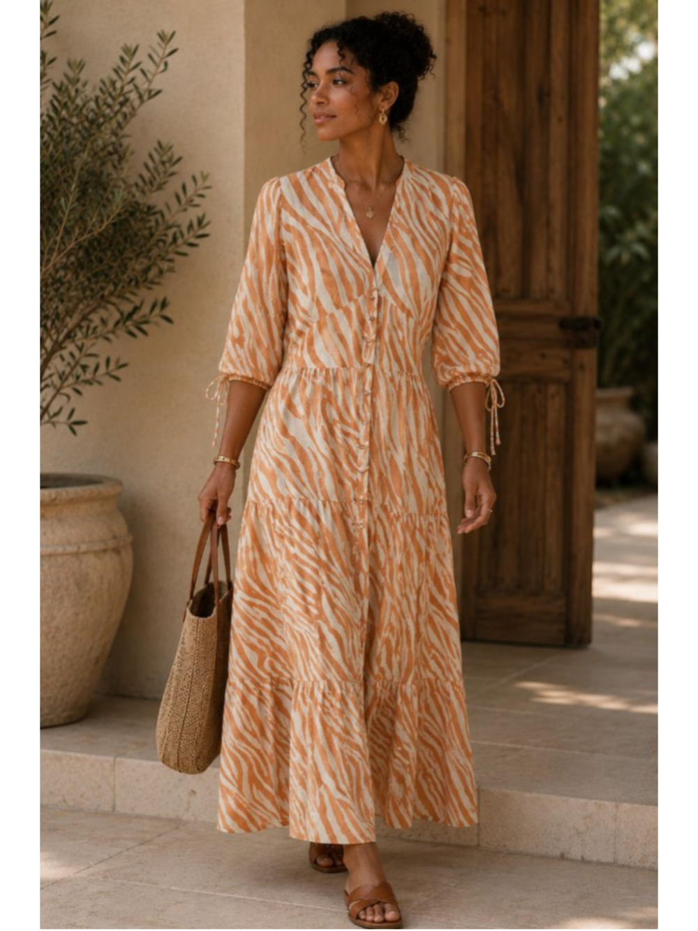Kivari Soraya Linen Tiered Maxi Dress in Watercolor Zebra Print - Size 4 (M)